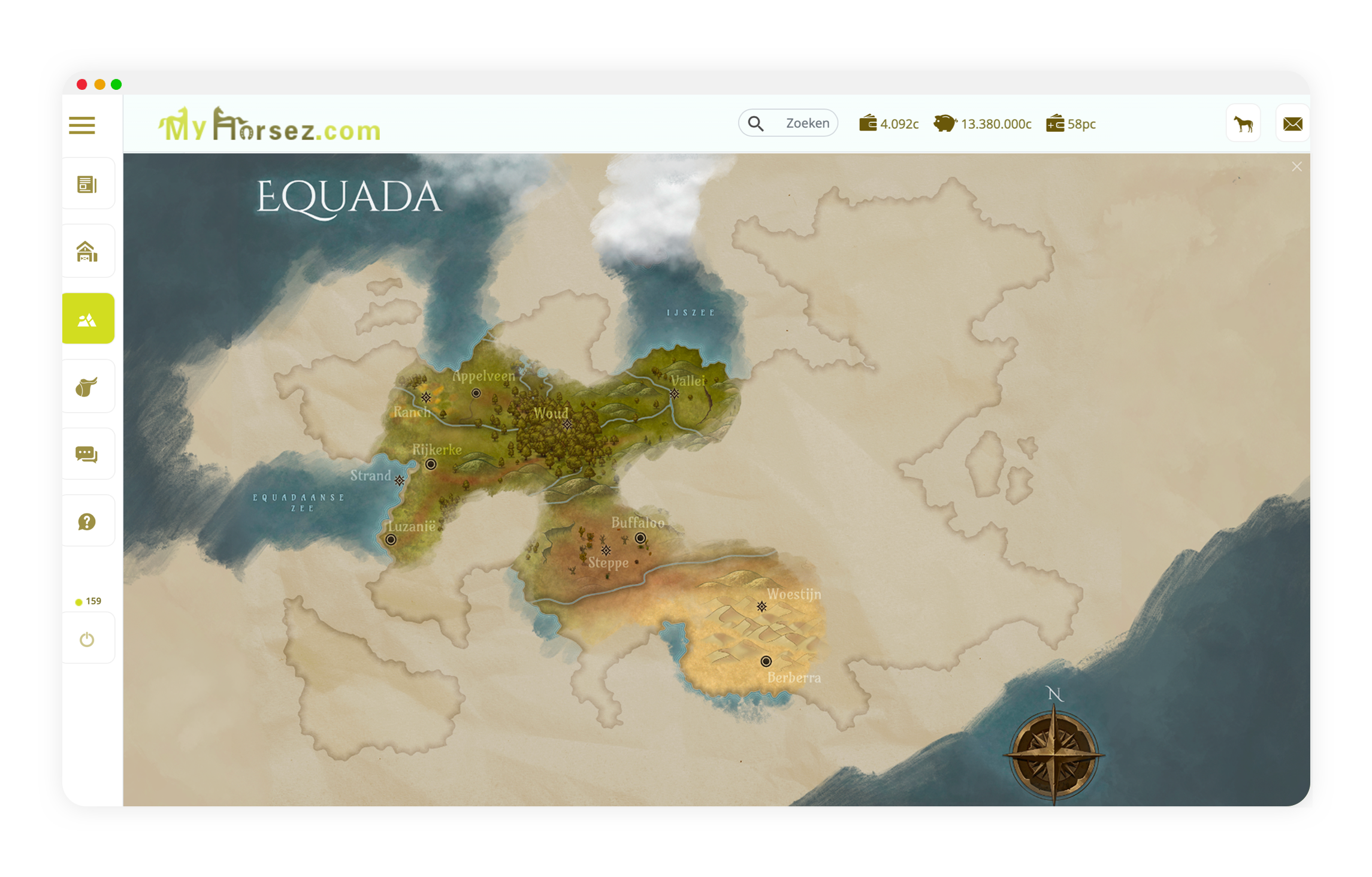 De wereldkaart van Equada, het land van online paardenspel My Horsez
